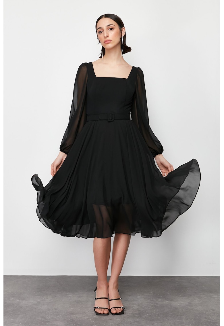 Rochie midi lunga cu maneci semi-transparente