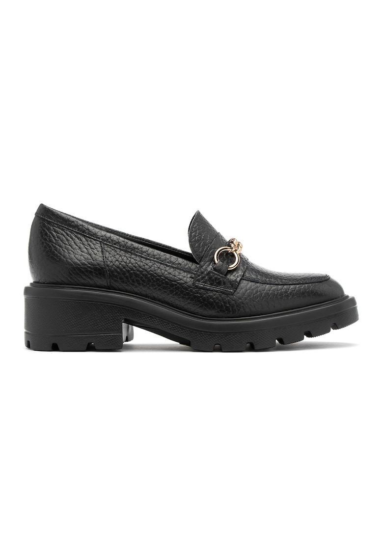 Pantofi loafer de piele cu toc masiv - Negru