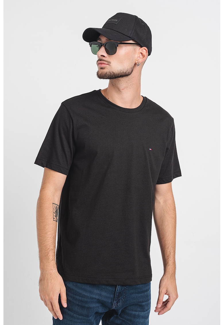 Tricou de bumbac cu decolteu la baza gatului - Negru