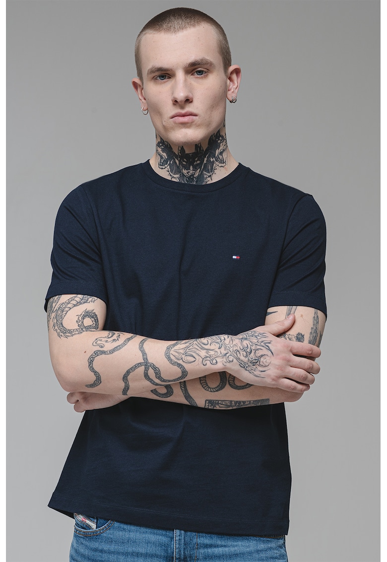 Tricou de bumbac cu decolteu la baza gatului - Bleumarin