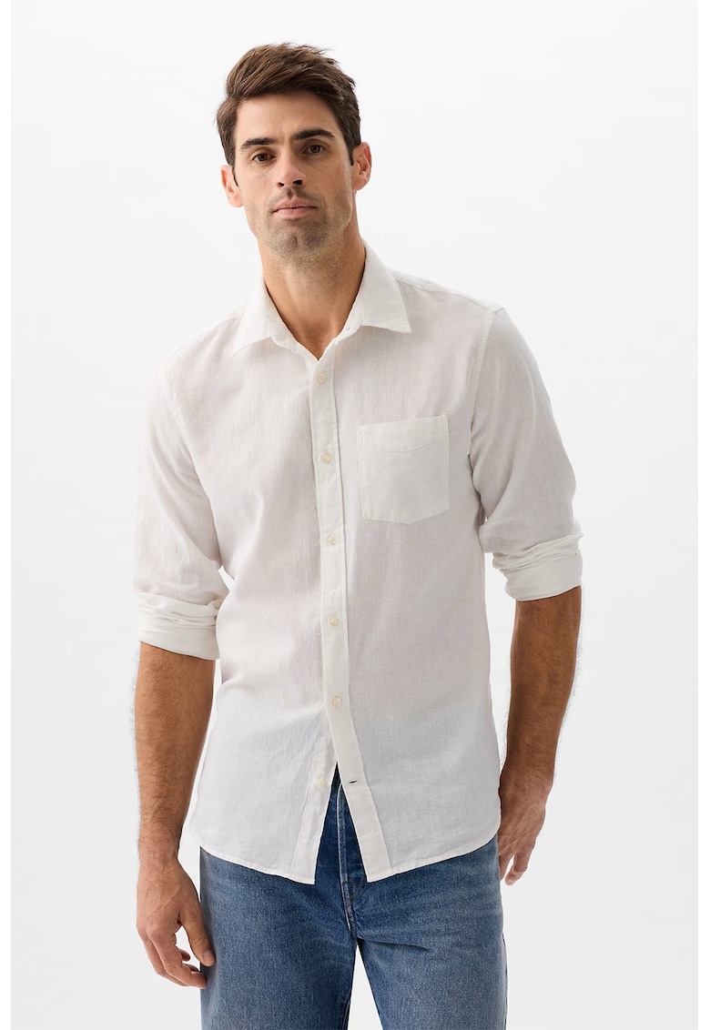 Camasa din amestec de in cu buzunar frontal - Alb