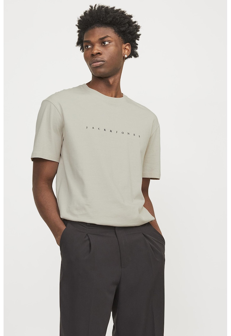 Tricou cu decolteu la baza gatului si imprimeu logo - Bej deschis