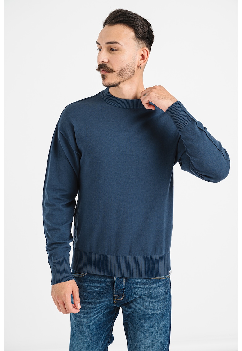 Pulover din amestec de bumbac organic cu decolteu la baza gatului