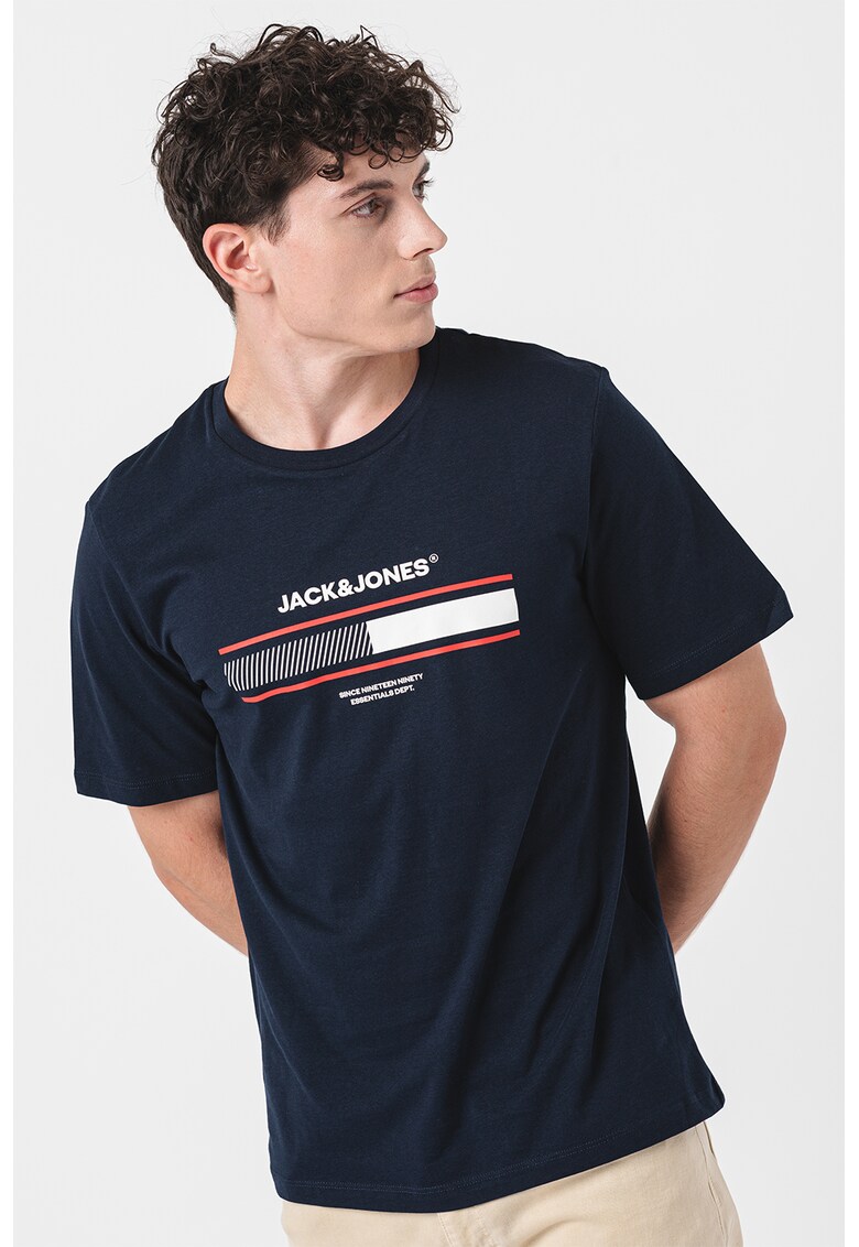 Tricou cu decolteu la baza gatului si imprimeu logo - Bleumarin