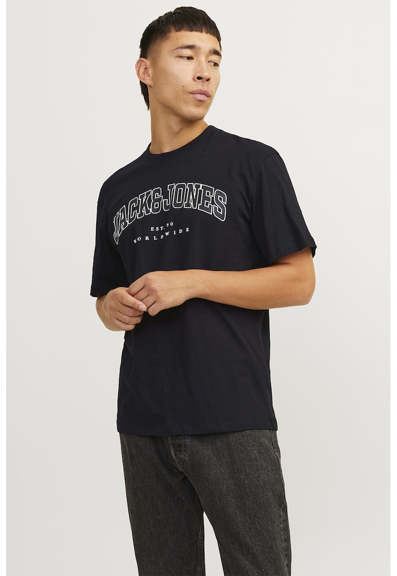 Tricou cu decolteu la baza gatului si imprimeu logo - Alb/Negru