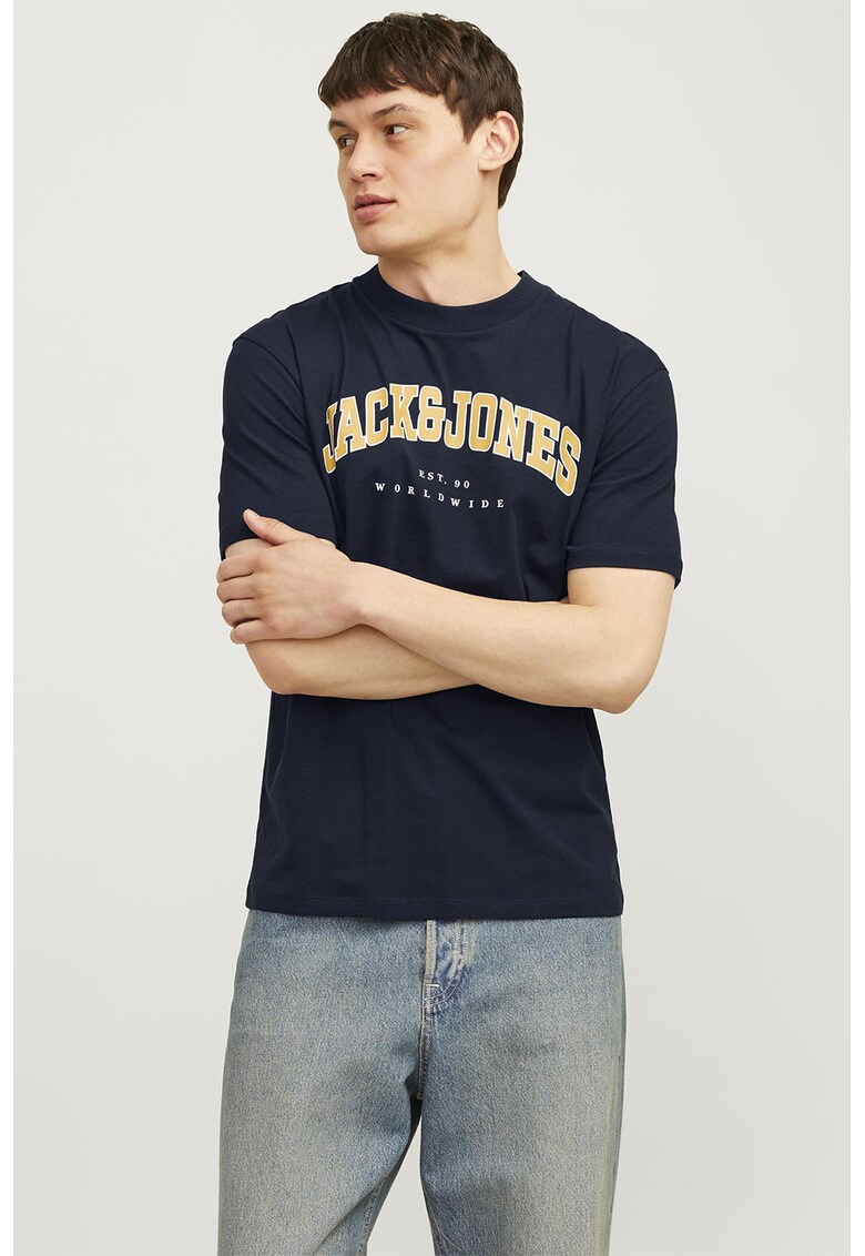 Tricou cu decolteu la baza gatului si imprimeu logo - Alb/Albastru ultramarin/Galben mustar