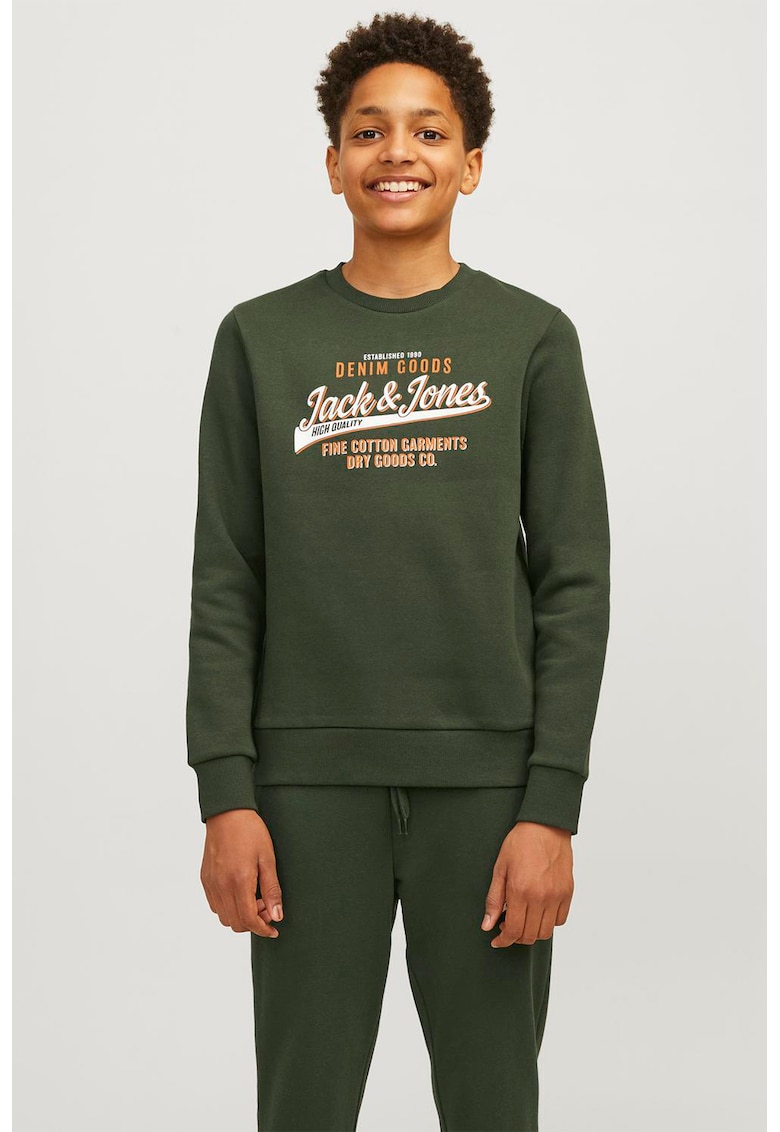 Bluza de trening cu decolteu la baza gatului si imprimeu logo - Alb/Portocaliu deschis/Kaki inchis