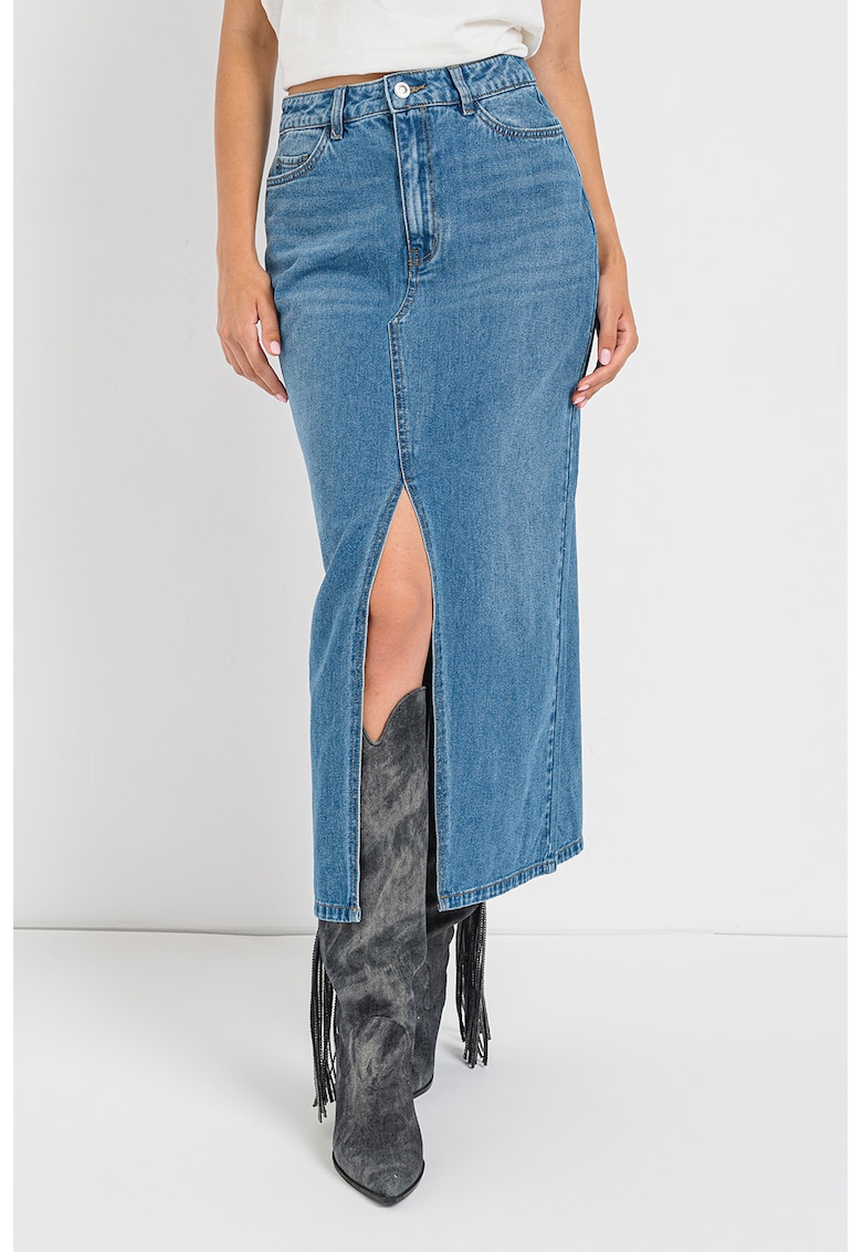 Fusta lunga de denim cu slit frontal