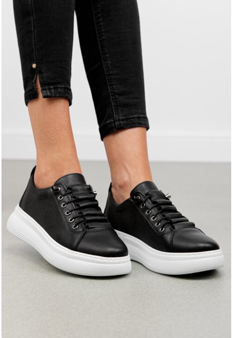 Pantofi dama cu siret elastic negri din piele naturala