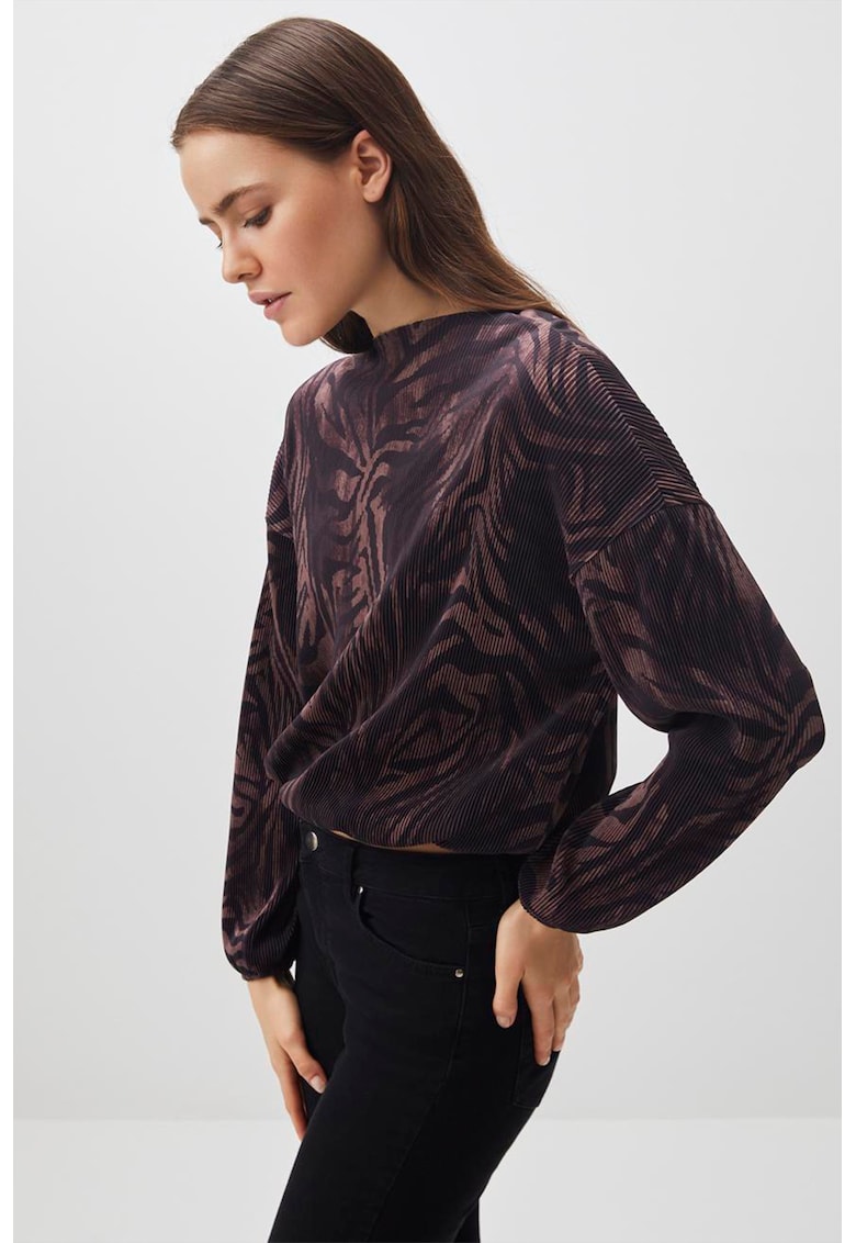Bluza cu decolteu la baza gatului si animal print - Negru/Maro