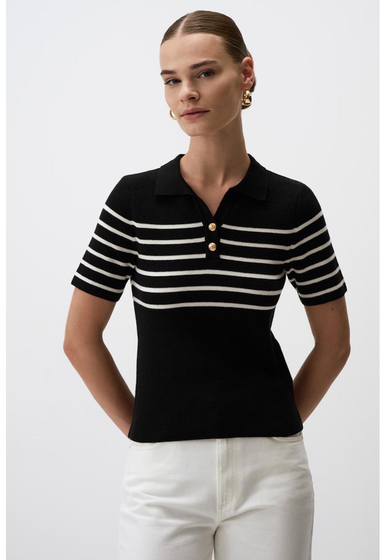 Tricou polo din tricot - Alb/Negru