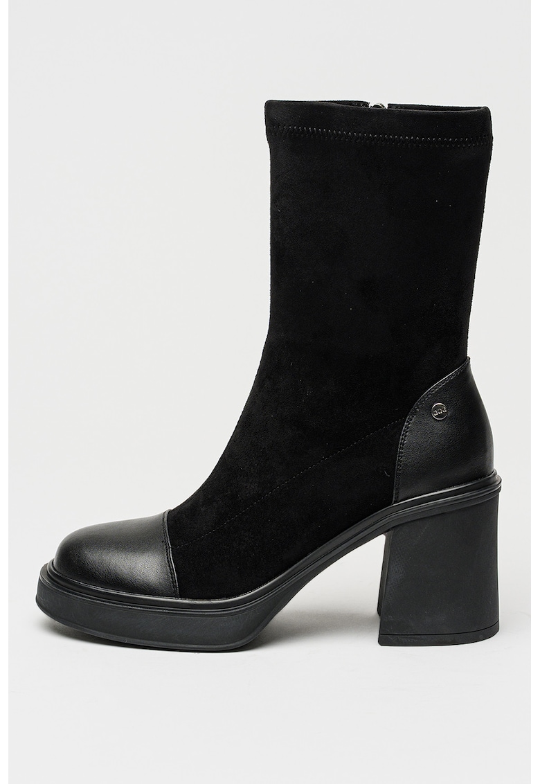 Botine de piele ecologica si material textil cu toc masiv