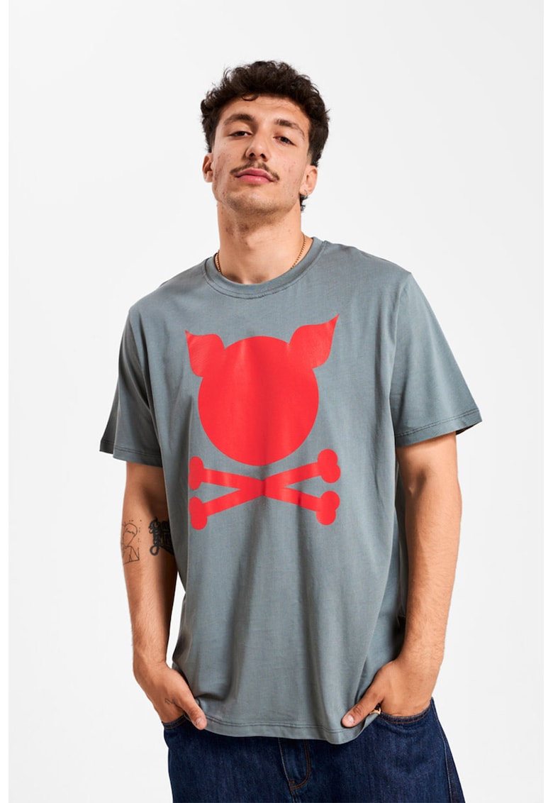 Porc Tricou unisex de bumbac cu logo - Gri carbune/Rosu vermillion