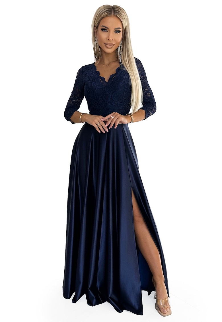 Rochie eleganta lunga din satin - cu top din dantela si crapatura la picior - albastru inchis