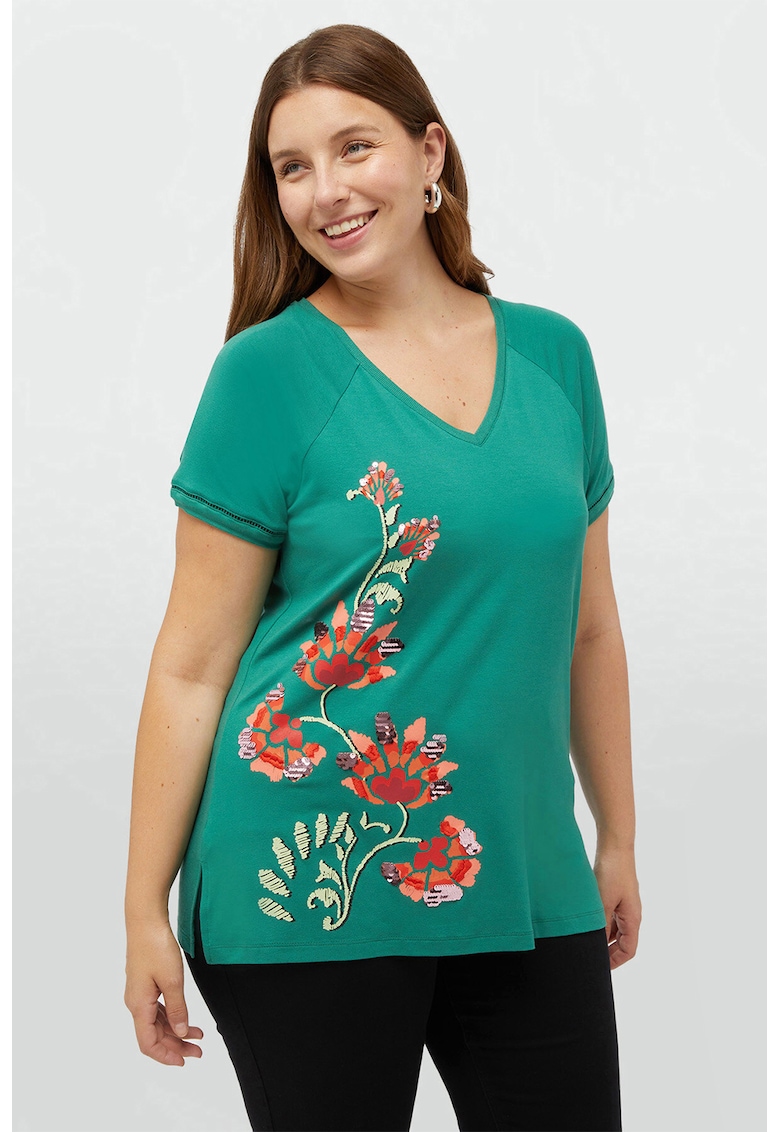 Tricou cu imprimeu si decolteu in V - Verde