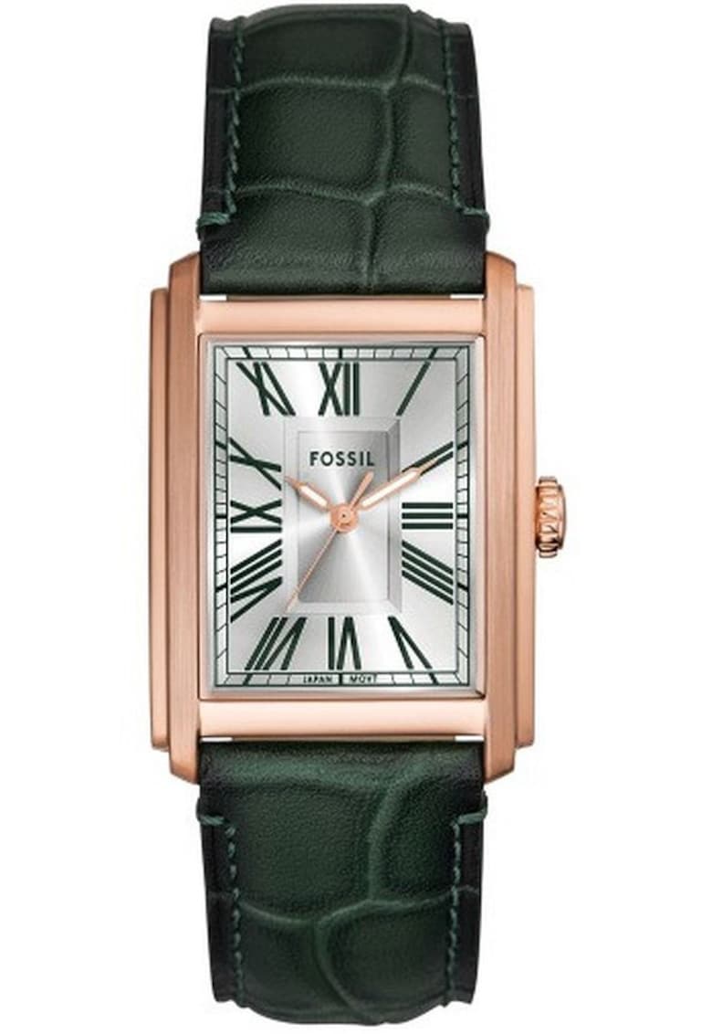 Ceas Carraway - Quartz - carcasa roz aurie - cadran argintiu - curea piele verde - 5 ATM