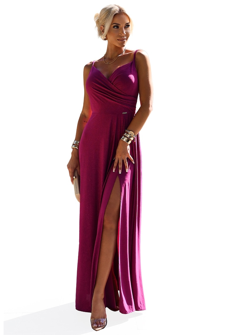 Rochie maxi lunga - eleganta - brocart fucsia - cu fanta