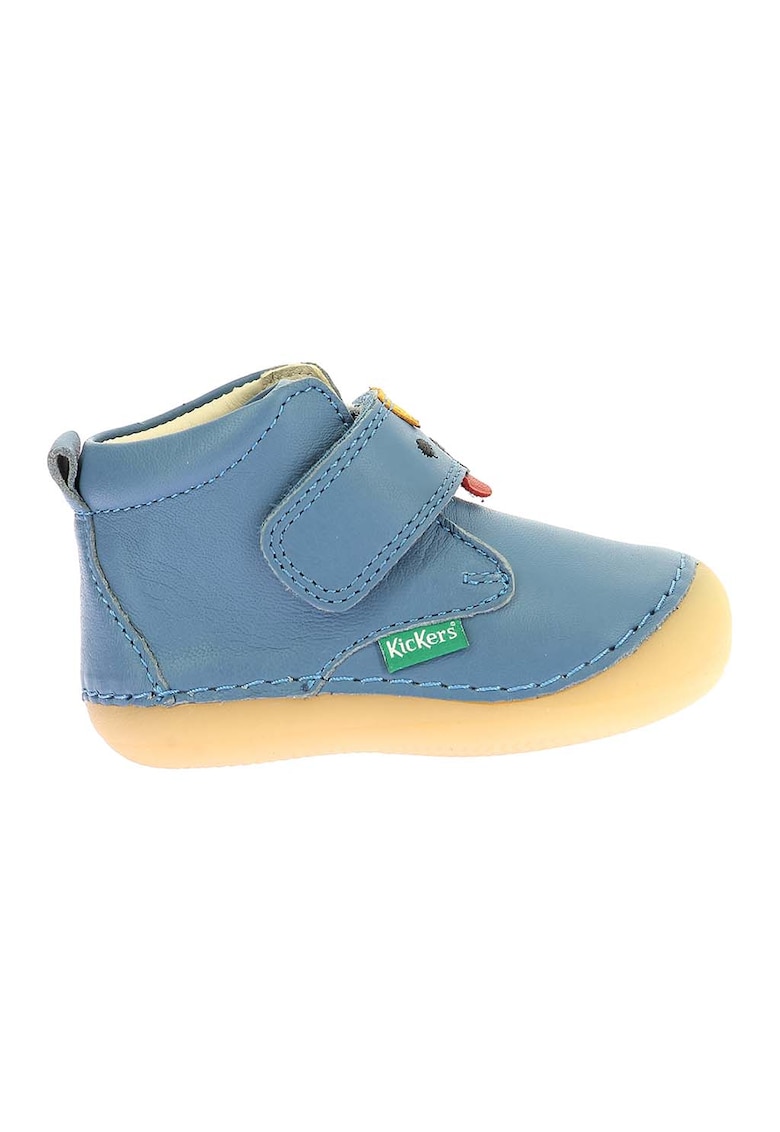 Ghete de piele cu velcro - Albastru pastel/Maro camel
