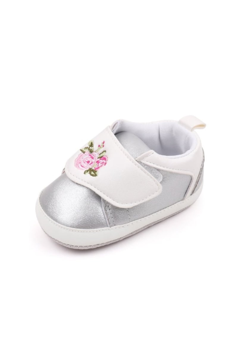 Pantofi Model Roses - Piele ecologica - Fete - Velcro - Alb/Argintiu