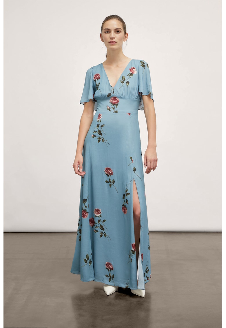 Rochie cu imprimeu floral si slit lateral - Rosu stins/Albastru