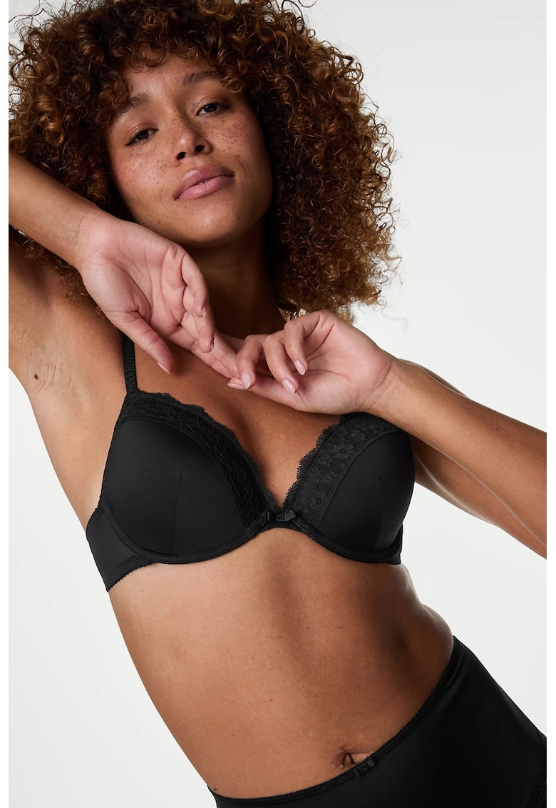 Sutien push-up cu insertii de dantela - Negru stins