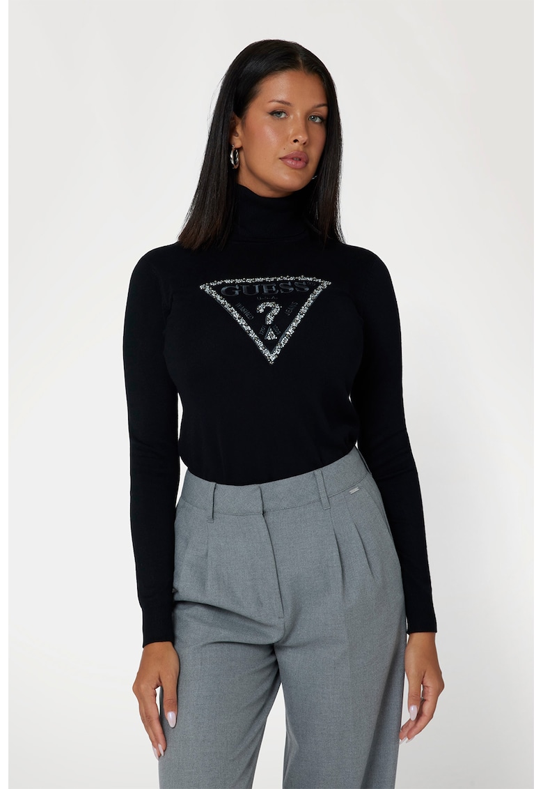 Pulover cu guler inalt si logo - Negru/Gri inchis