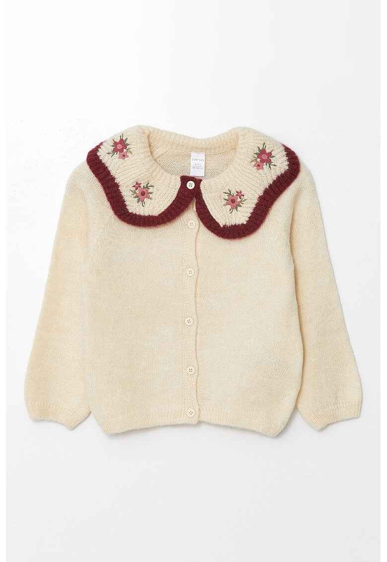 Cardigan cu guler si flori brodate - Bej melange