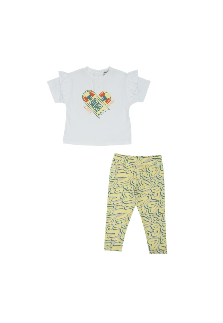 Set 2 piese: tricou si colanti imprimati inimioare - Keep Going - Alb si Galben - pentru fetite