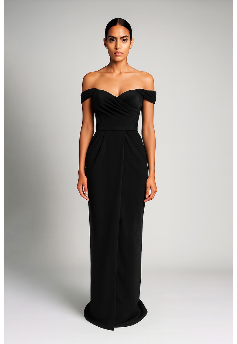 Rochie maxi drapata cu decolteu pe umeri