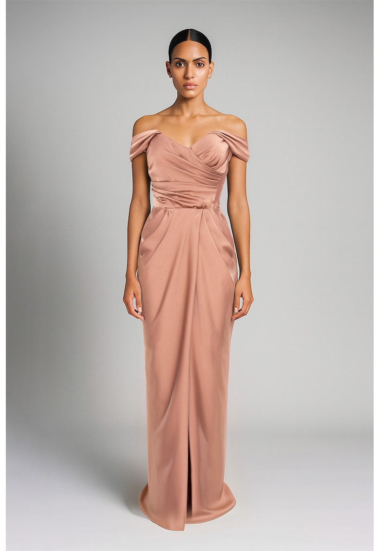 Rochie maxi drapata cu decolteu pe umeri