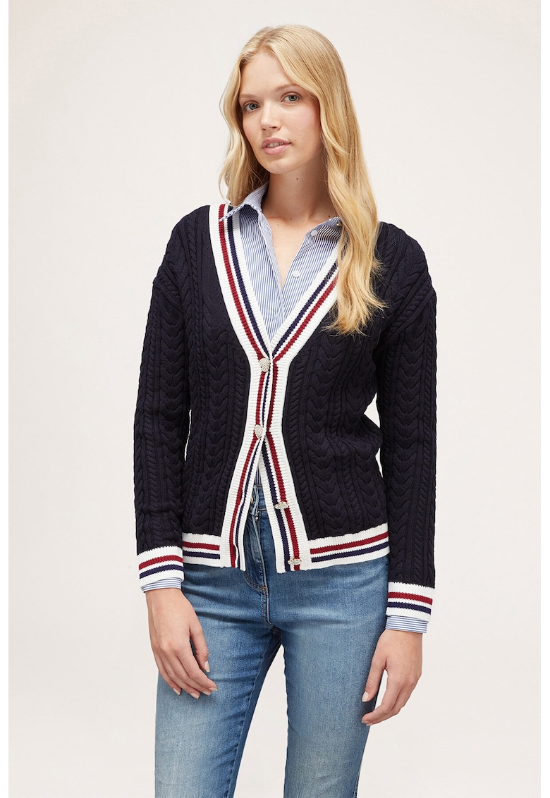 Cardigan cu model torsade si insertii cu dungi