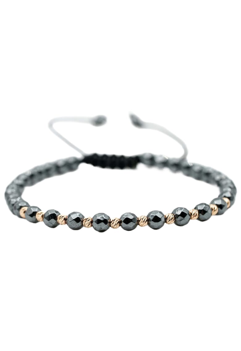 Bratara cu 10 bile de Aur 14k si pietre semipretioase Hematit gri fatetat - Ajustabila