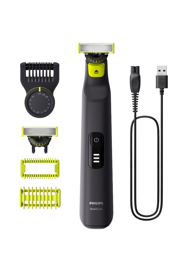 Aparat de ras (0 -2mm) si tuns (0 -4-10mm) OneBlade Pro QP6542/15 - Fata&corp - pieptene cu 14 setari de lungime (0 -4-10 mm) - 2 accesorii pentru utilizare pe corp - 2 lame 360 - 90 min (Li-ion) - cablu de alimentare USB-A - fara adaptor pentru priza