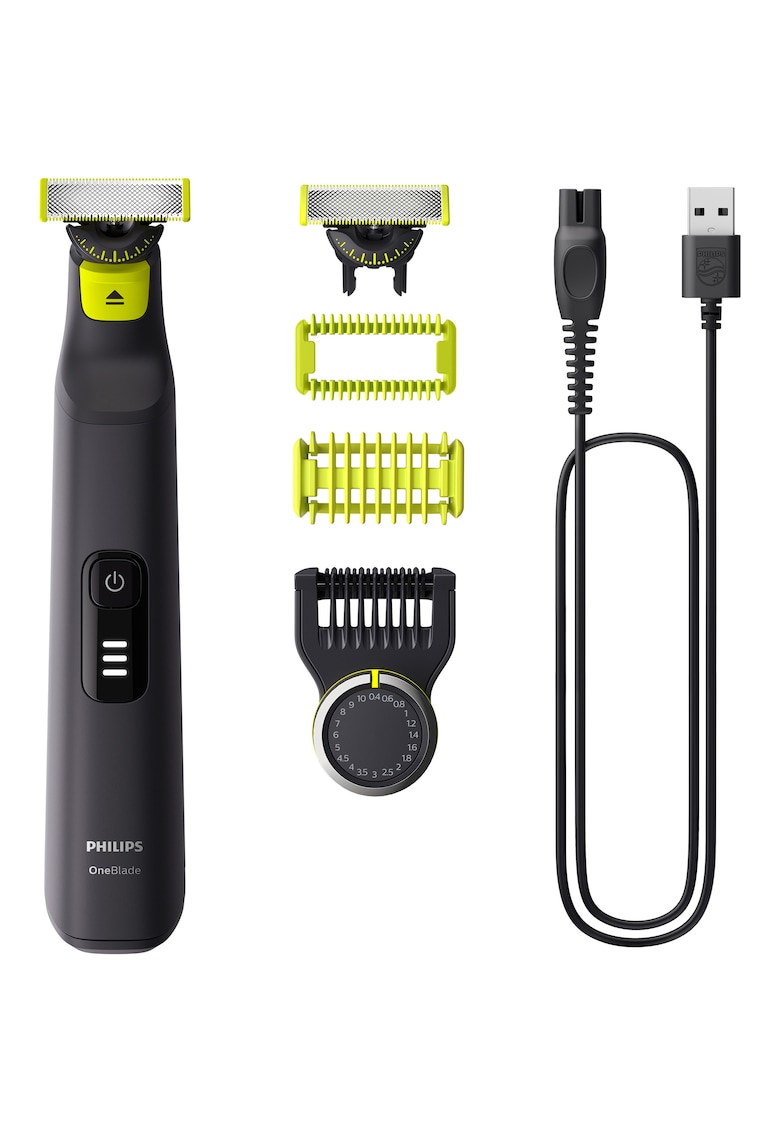 Aparat de ras (0 -2mm) si tuns (0 -4-10mm) OneBlade Pro QP6542/15 - Fata&corp - pieptene cu 14 setari de lungime (0 -4-10 mm) - 2 accesorii pentru utilizare pe corp - 2 lame 360 - 90 min (Li-ion) - cablu de alimentare USB-A - fara adaptor pentru priza