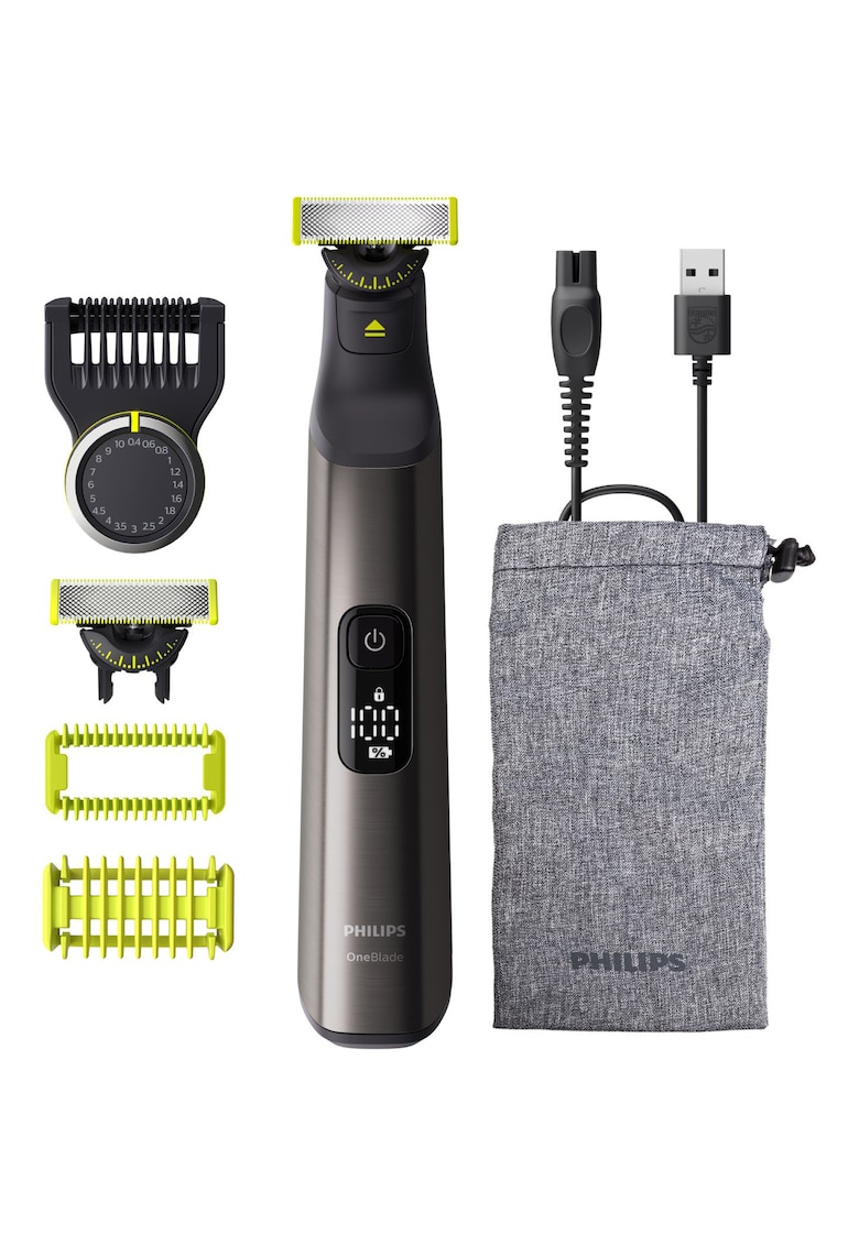 Aparat de ras (0 -2mm) si tuns (0 -4-10mm) OneBlade Pro - Fata&corp - pieptene cu 20 de setari de lungime (0 -4-10 mm) - 2 accesorii pentru corp - 2 lame 360 - 90 min (Li-ion) - afisaj digital - cablu alimentare USB-A - fara adaptor priza - Gri