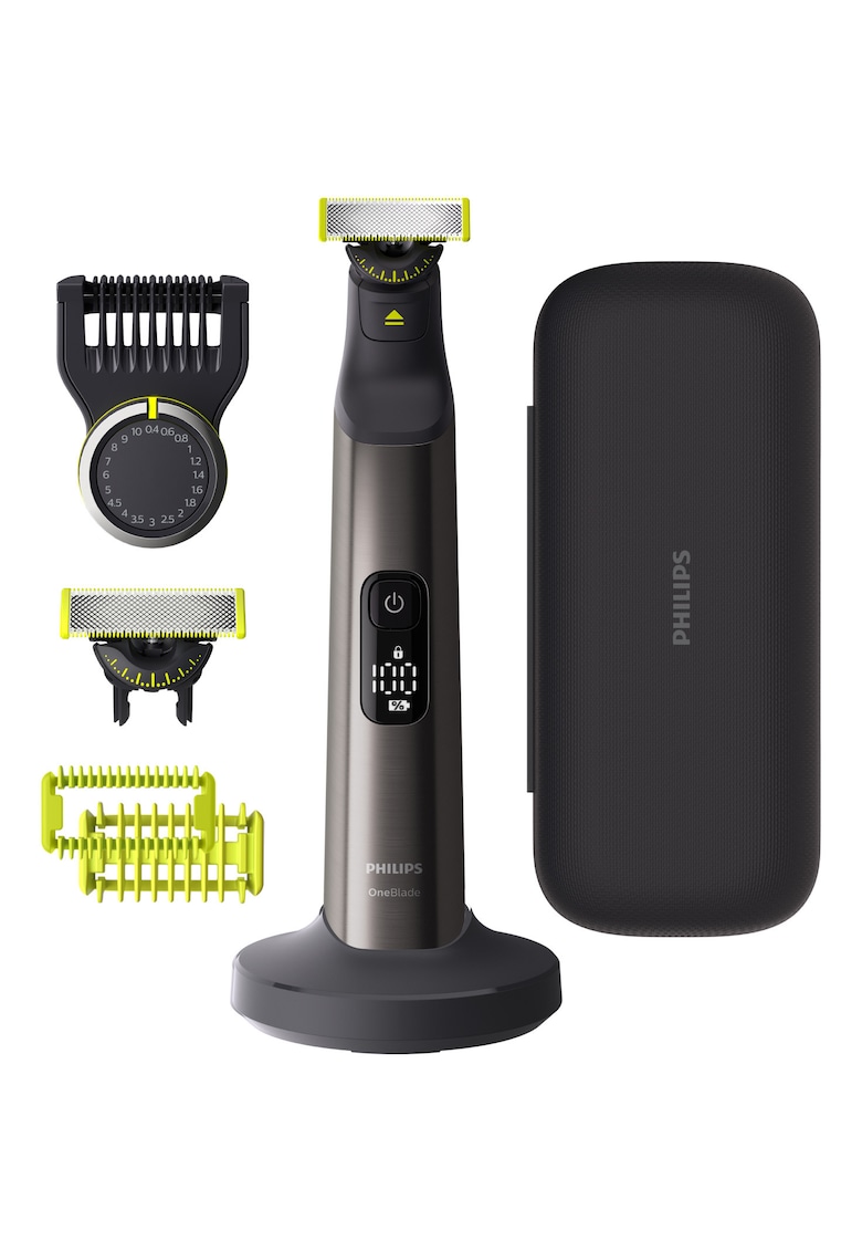 Aparat de ras (0 -2mm) si tuns (0 -4-10mm) OneBlade Pro - Fata&corp - pieptene cu 20 de setari de lungime (0 -4-10 mm) - 2 accesorii pentru corp - 2 lame 360 - 90 min (Li-ion) - afisaj digital - cablu alimentare USB-A - fara adaptor priza - Negru