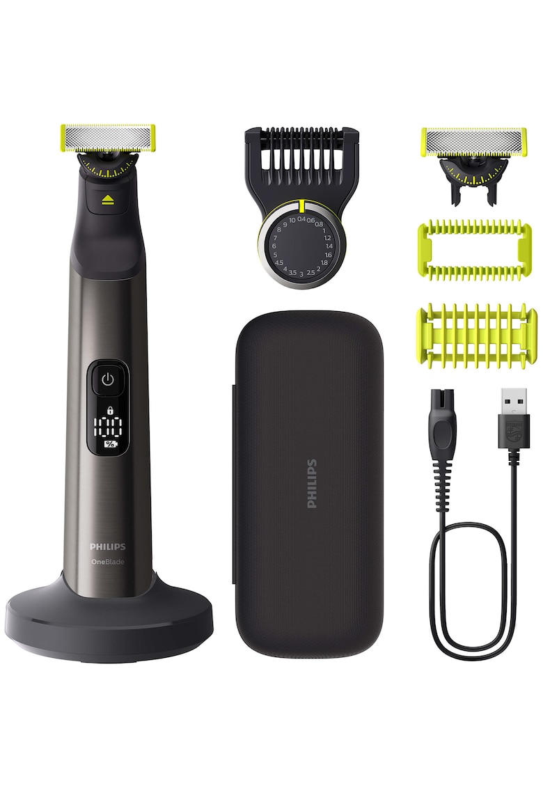 Aparat de ras (0 -2mm) si tuns (0 -4-10mm) OneBlade Pro - Fata&corp - pieptene cu 20 de setari de lungime (0 -4-10 mm) - 2 accesorii pentru corp - 2 lame 360 - 90 min (Li-ion) - afisaj digital - cablu alimentare USB-A - fara adaptor priza