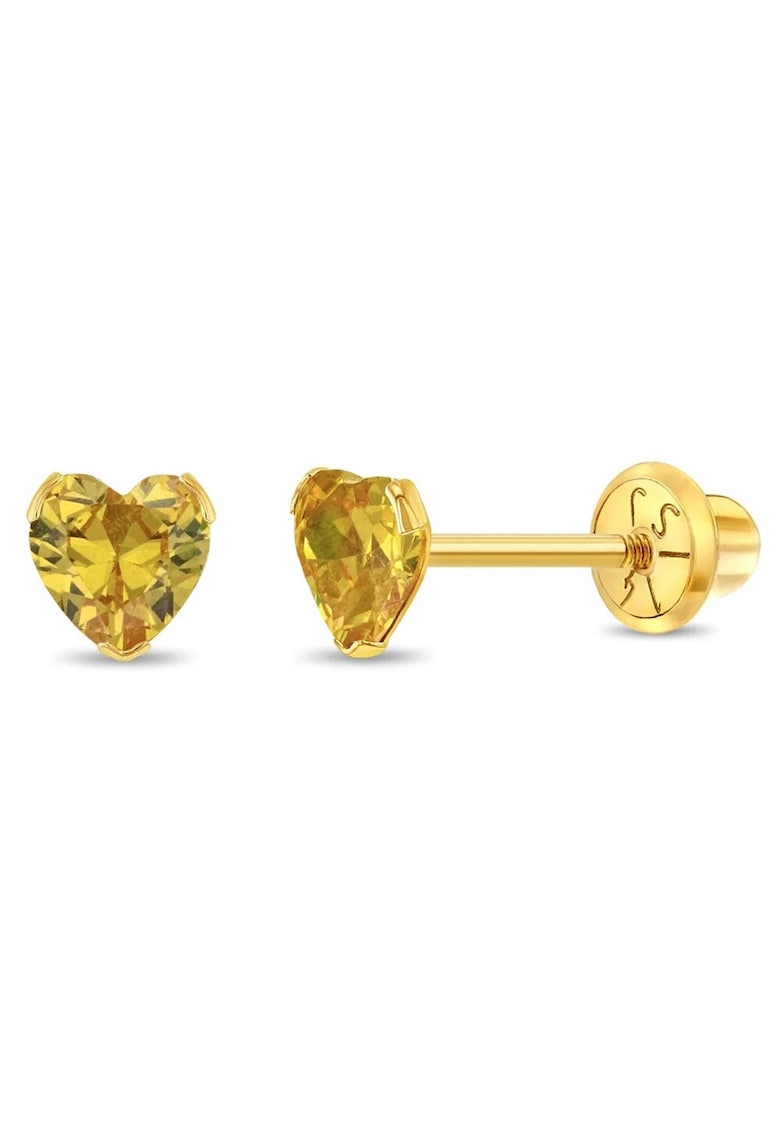 Cercei Copii din Aur 14K - model Birthstone - zi nastere noiembrie - forma Inima cu Piatra CZ Yellow - inchidere cu Filet si Protectie