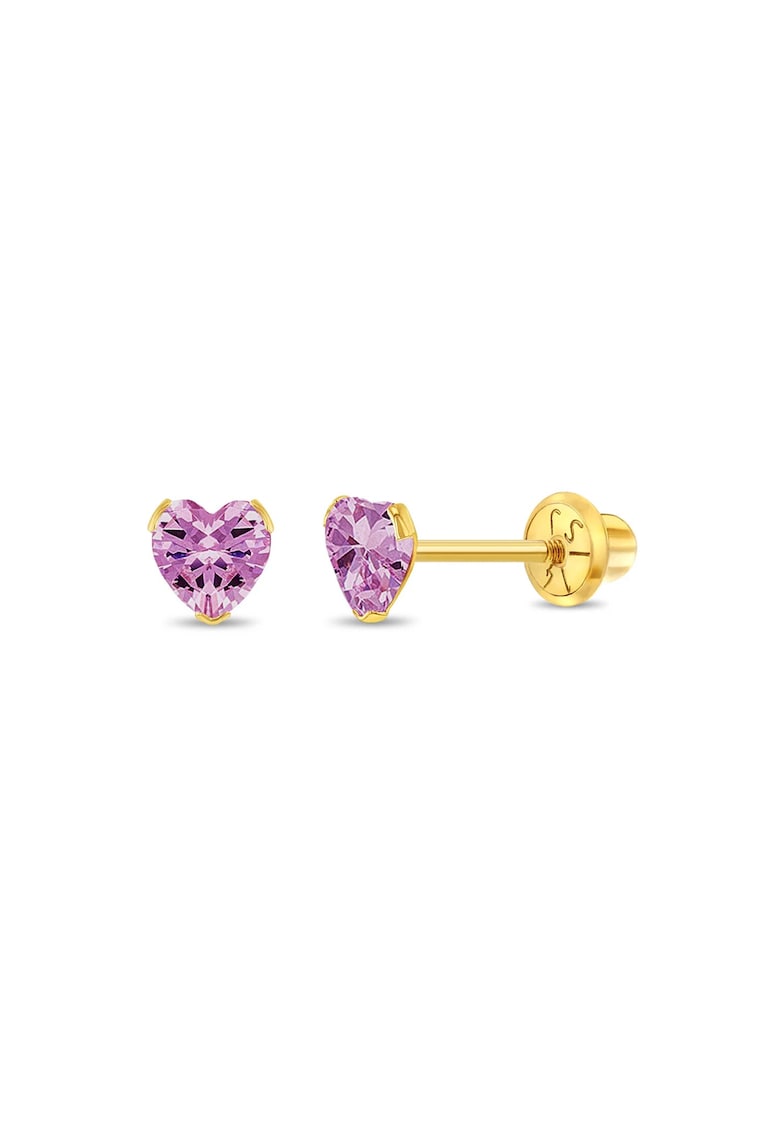 Cercei Aur 14K Copii - model Birthstone (zi nastere octombrie) - forma Inima cu Piatra CZ Pink - inchidere cu Filet si Protectie