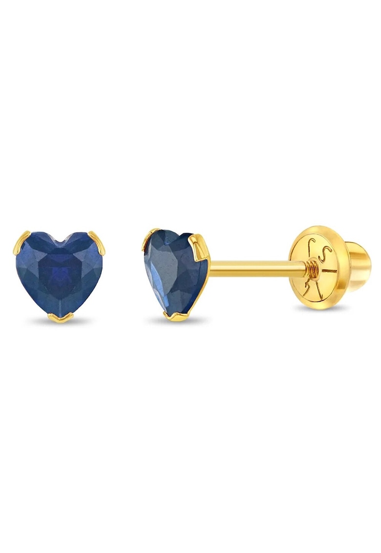 Cercei Copii din Aur 14K - model Birthstone (zi nastere septembrie) - forma Inima cu Piatra CZ Blue - inchidere cu Filet si Protectie