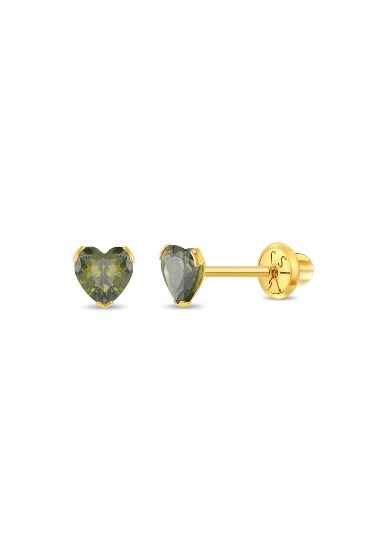 Cercei Aur 14K Copii - model Birthstone (zi nastere august) - forma Inima cu Piatra CZ Light Green - inchidere cu Filet si Protectie