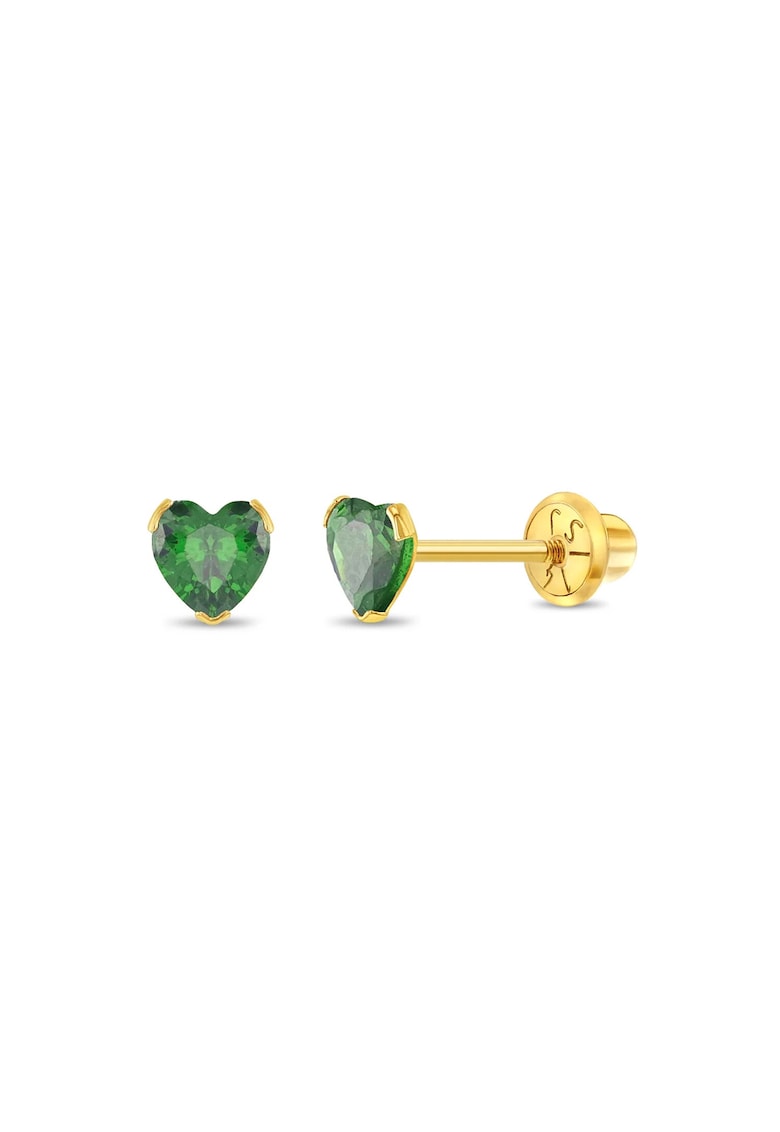 Cercei Copii din Aur 14K - model Birthstone (zi nastere mai) - forma Inima cu Piatra CZ Green - inchidere cu Filet si Protectie