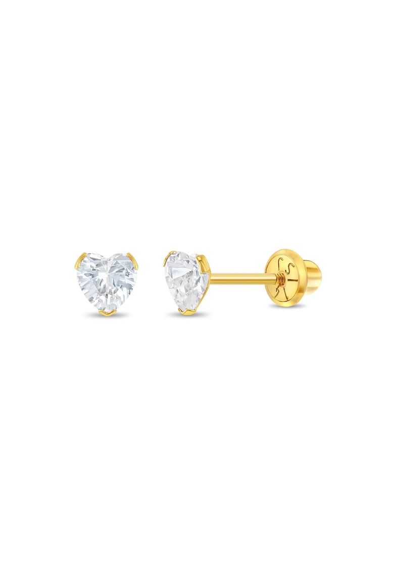 Cercei Copii din Aur 14K - model Birthstone (zi nastere aprilie) - forma Inima cu Piatra CZ White - inchidere cu Filet si Protectie