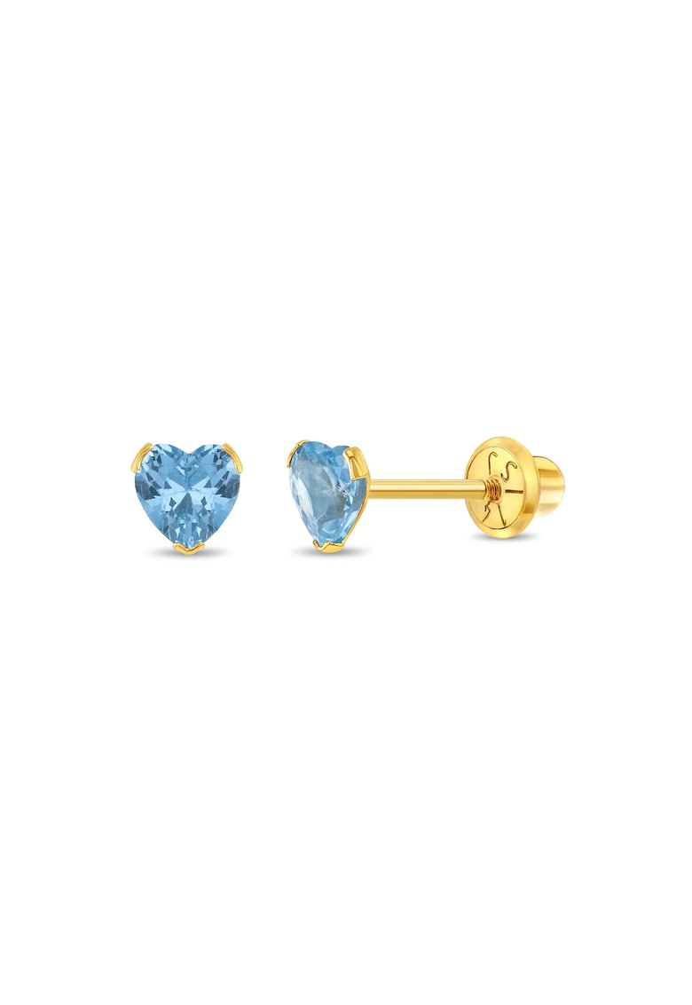 Cercei Aur 14K Copii - model Birthstone (zi nastere martie) - forma Inima cu Piatra CZ Light Blue - inchidere cu Filet si Protectie