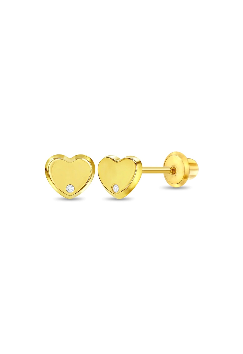 Cercei din Aur 14K pentru Copii si Bebelusi - model Inima cu Diamant - inchidere cu Filet si Protectie