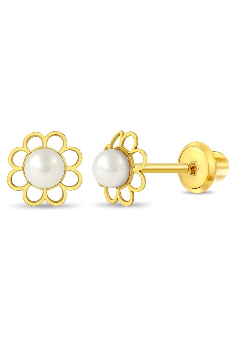 Cercei din Aur 14K pentru Copii - model Floare cu Perla de Cultura - inchidere cu Filet si Protectie