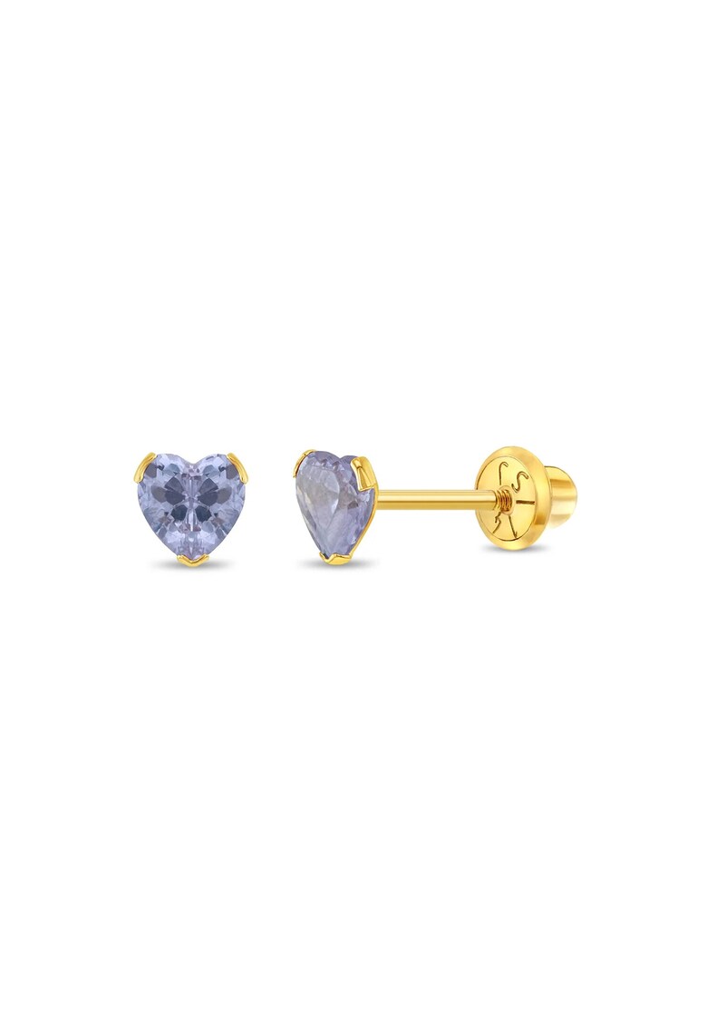 Cercei Aur 14K Copii - model Birthstone (zi nastere iunie) - forma Inima cu Piatra CZ Periwinkle - inchidere cu Filet si Protectie