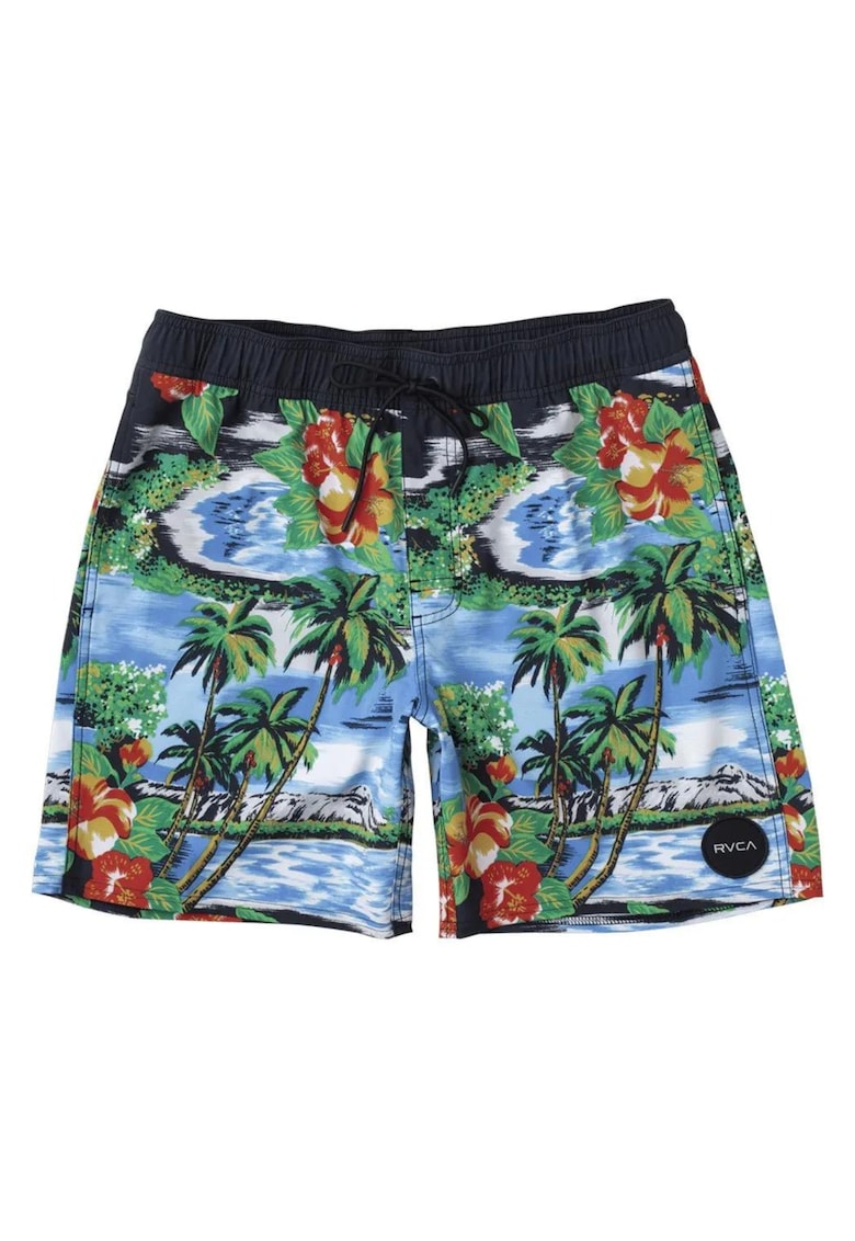 Pantaloni scurti de plaja cu model tropical si talie ajustabila -