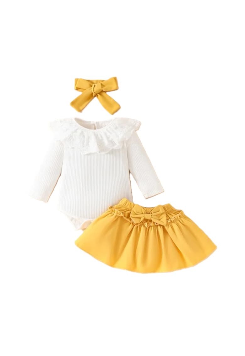 Compleu Cu Body - Fustita Si Bentita - Casual - Fete - Maneca lunga - Alb - Galben Mustar