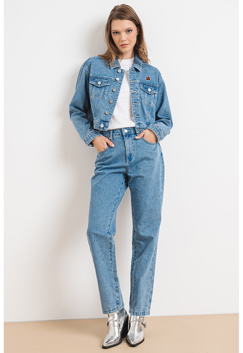 Jacheta crop de denim cu strasuri